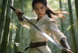 一位身着素色劲装的侠女，手持剑，立于竹林间，发丝微扬，神态灵动，是武侠片场的拍摄场景，画面写实自然，光影柔和，整体氛围灵动飘逸。
