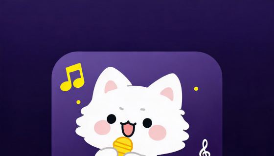 PC端桌面短软件图标，简约卡通风格，整体构图紧凑简洁，暗紫色渐变背景，点缀明亮黄色与白色元素，融入电音K歌相关的极简音乐符号，搭配单个简单可爱的卡通动物形象，图案精致不复杂，适配桌面图标尺寸，色彩协调美观。